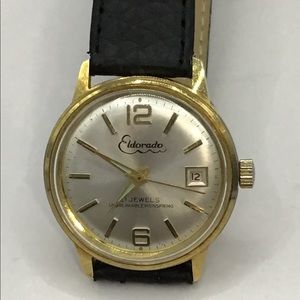 VINTAGE ELDORADO Mens 21 Jewels 36MM Unbreakable Mainspring Black Leather Band